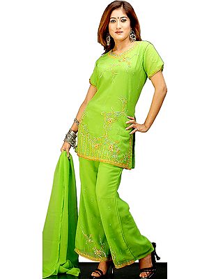 Lime Green Bell Bottom Suit with Sequins and Embroidery