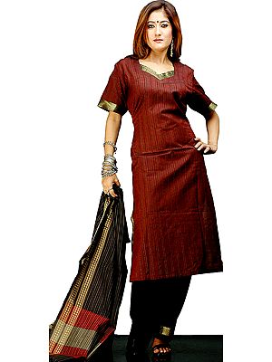 Maroon and Black Coimbatore Cotton Suit with Zari Border