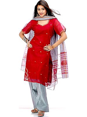 Maroon and Gray Chanderi Suit with Golden Bootis