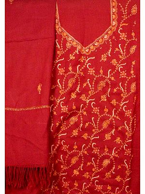 Maroon Hand-Embroidered Suit from Kashmir with Shawl