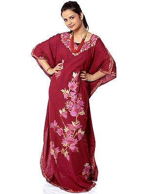 Maroon Kaftan from Kashmir with Aari Embroidery