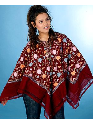 Maroon Poncho with Floral Embroidery All-Over