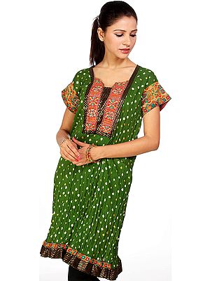 Medium-Green Bandhani Tie-Dye Kurti from Gujarat with Applique Work