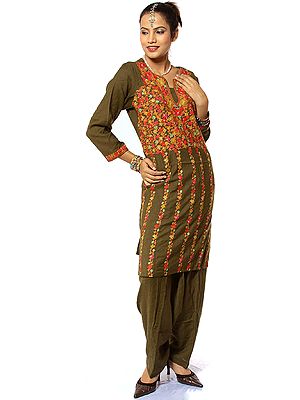 Mehandi-Green Two-Piece Kashmiri Salwar Kameez with Aari Embroidered Flowers
