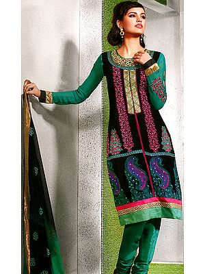 Midnight Black and Green Choodidaar Kameez Suit with All-Over Embroidery and Mokaish Work