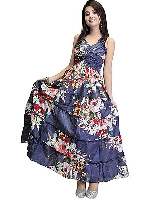 Midnight-Blue Barbie Dress with Printed Flowers