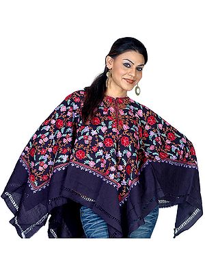 Midnight-Blue Floral Poncho with Aari Embroidery