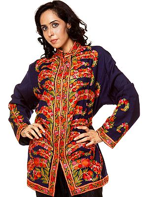 Midnight-Blue Kashmiri Jacket with Hand-Embroidered Foliage