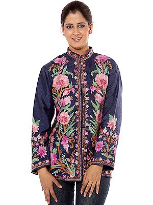 Midnight-Blue Kashmiri Jacket with Large Flowers in Pink Thread