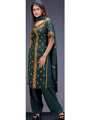 Military Green Suit with Dense Kashmiri Hand-Embroidery