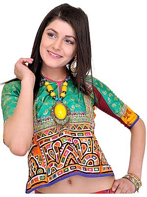 Ming-Green Backless Choli From Kutch with Rabari Embroidery