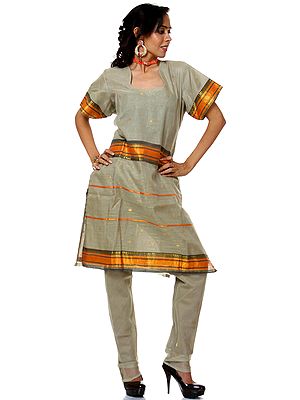 Moss Gray Two-Piece Chanderi Salwar Kameez Suit with Brocade Weave
