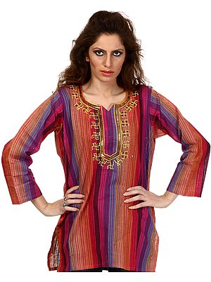 Multi-Color Kurti with Embroidered Swastiks on Neck and Sequins