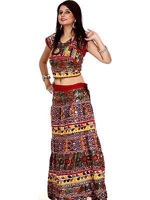 Multi-Color Lehenga Choli from Kutch with All-Over Multi-Thread Embroidery and Mirrors