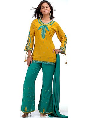 Mustard and Green Suit with Embroidery and Sequins