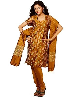 Mustard Banarasi Salwar Kameez Suit Fabric with All-Over Woven Paisleys