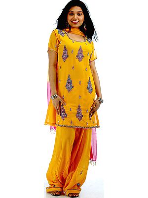 Mustard Salwar Kameez with Beads and Sequins