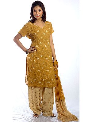 Old-Gold Salwar Kameez Suit with Aari-Embroidered Flowers All-Over
