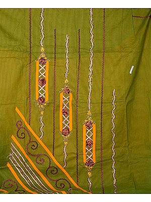 Olive Green and Amber Suit with Beads and Threadwork