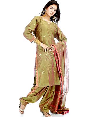 Olive Green Chanderi Suit with Golden Bootis