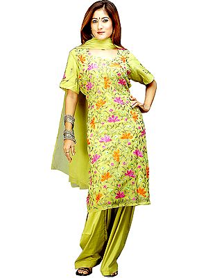 Olive Green Suit with Persian Floral Embroidery