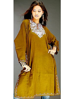 Olive Kashmiri Phiran with Needle Embroidery