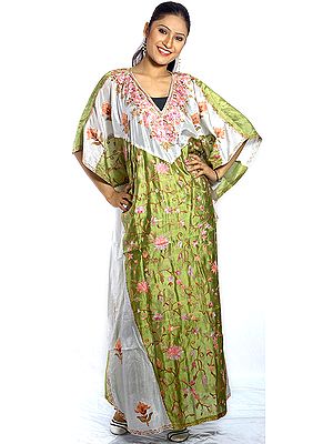 Olive-Green and Ivory V-Neck Kaftan with Crewel Embroidery All-Over