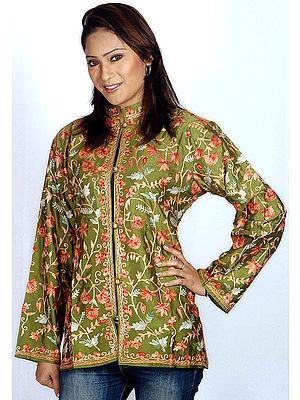 Olive-Green Jacket with Crewel Embroidery All-Over