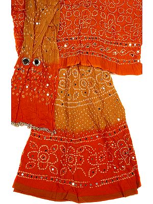 Orange and Beige Bandhani Lehenga Choli with Sequins