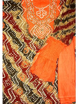 Orange and Beige Bandhani Tie and Dye Suit with Beadwork and Sequins