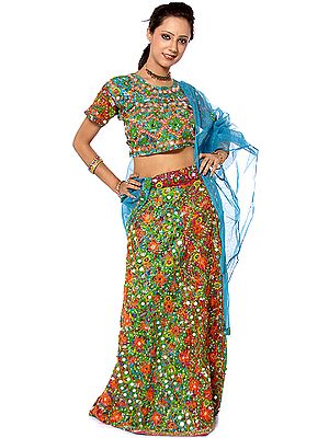Orange and Green Printed Chaniya Choli from Rajasthan with Mirrors and Embroidery