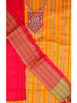 Orange and Red South-Cotton Suit with Embroidery on Neck