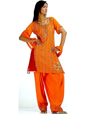 Orange Crepe Suit with All-Over Brass Beads