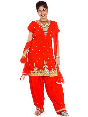 Orange Patiala Salwar Kameez with Beadwork and Sequins
