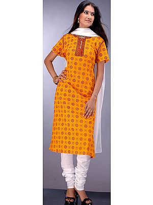 Orange Printed Kameez with Choodidaar Salwar