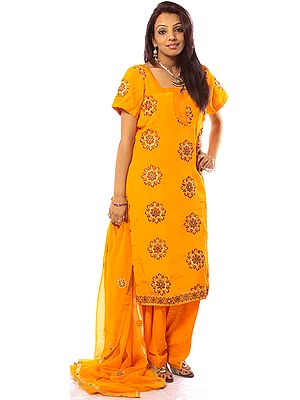 Orange Salwar Kameez Suit with Crewel Embroidered Flowers All-Over