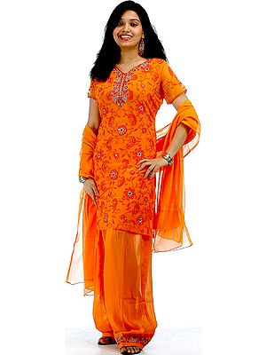 Orange Salwar Kameez with All-Over Aari Embroidery and Sequins