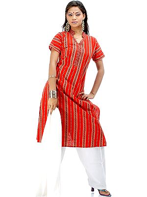 Orange Sanganeri Suit with White Salwar