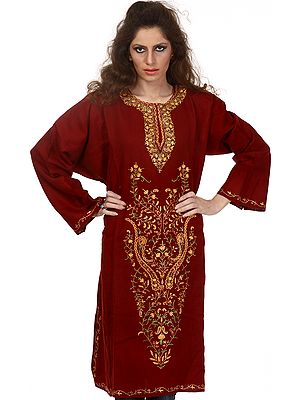 Oxblood-Red Kashmiri Phiran with Aari Embroidered Paisleys
