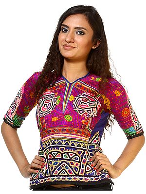 Pansy-Purple Antiquated Backless choli from Kutch with Multi-Color Rabari Embroidery