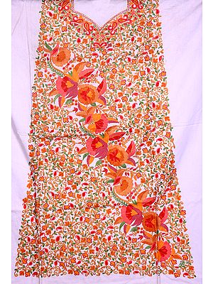 Pastel-Lilac Salwar Kameez Two-Piece Fabric from Kashmir with Aari Embroidered Flowers All-Over