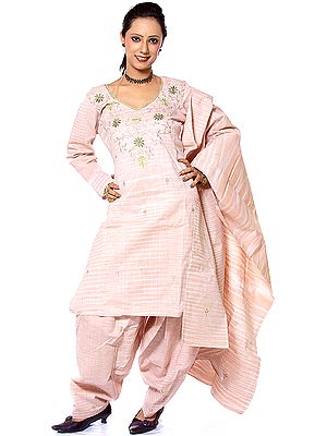 Peach Khadi Suit with Crewel Embroidery