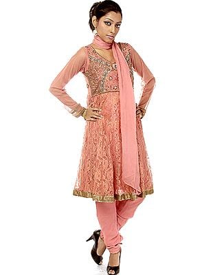 Peach-Blossom Anarkali Suit with Antique Beadwork and Sequins