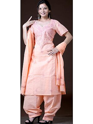 Peach-Orange Salwar Kameez with All-Over Lukhnavi Chikan Embroidery