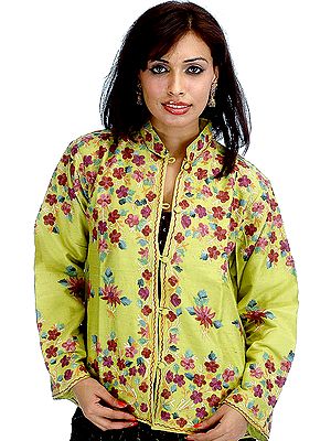 Pear-Green Kashmiri Jacket with Embroidered Flowers