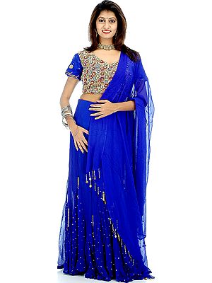 Persian-Blue Lehenga Choli with Multi-Color Beads and Sequins