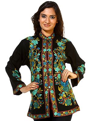 Phantom-Black Tusha Jacket with Aari Embroidery by Hand