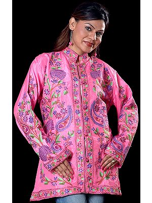 Pink Jacket with Floral Aari Embroidery All-Over