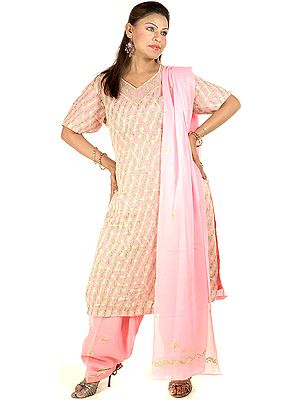 Pink Salwar Kameez with All-Over Lukhnavi Chikan Embroidery