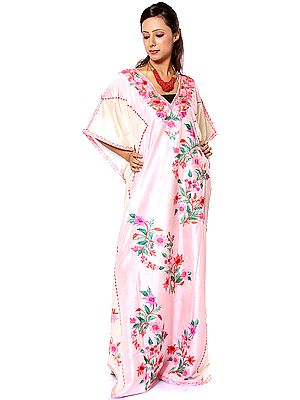 Pink V-Neck Kaftan with Aari Embroidered Flowers